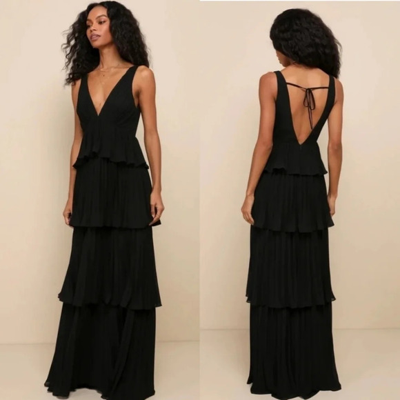 Lulus Mesmerizing Essence Black Pleated Backless Tiered Maxi Dress Wedding Prom - Picture 1 of 12